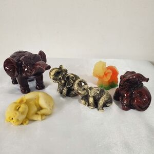 Set of collectible miniature elephant + Pig figurines in resin or carved stone
